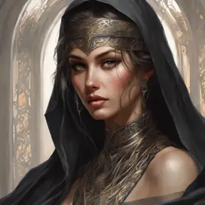 Alluring matte portrait of a beautiful veiled Kassandra wearing a black veil, 8k, Highly Detailed, Intricate, Half Body, Realistic, Sharp Focus, Volumetric Lighting, Fantasy, Elegant by Stanley Artgerm Lau, Alphonse Mucha, WLOP