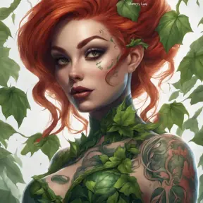 Closeup matte portrait of a tattooed Poison Ivy, symmetrical face, 8k, Highly Detailed, Intricate, Artstation, Matte Painting, Sharp Focus, Concept Art by Stanley Artgerm Lau, Greg Rutkowski