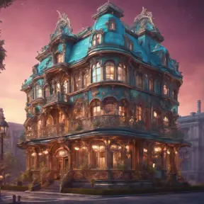 art nuveau exterior fantasy colorful building office space futuristic rococco baroques victorian, 8k, Highly Detailed, Hyper Detailed, Masterpiece, Vintage Illustration, Cinematic Lighting, Photo Realistic, Sharp Focus, Smooth, Octane Render, Digital Art, Vector Art, Soft