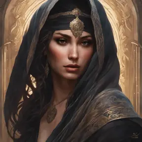 Alluring matte portrait of a beautiful veiled Kassandra wearing a black veil, 8k, Highly Detailed, Intricate, Half Body, Realistic, Sharp Focus, Volumetric Lighting, Fantasy, Elegant by Stanley Artgerm Lau, Alphonse Mucha, WLOP