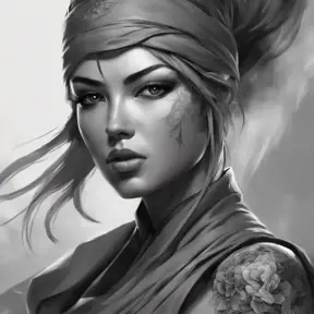 Grayscale matte portrait of a beautiful female ninja with tattoos, 4k, Highly Detailed, Powerful, Alluring, Artstation, Magical, Digital Painting, Photo Realistic, Sharp Focus, Volumetric Lighting, Concept Art by Stanley Artgerm Lau, Alphonse Mucha, Greg Rutkowski