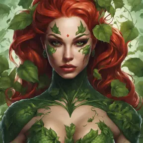 Closeup matte portrait of a tattooed Poison Ivy, symmetrical face, 8k, Highly Detailed, Intricate, Artstation, Matte Painting, Sharp Focus, Concept Art by Stanley Artgerm Lau, Greg Rutkowski