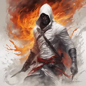 White Assassin emerging from a firey fog of battle, ink splash, Highly Detailed, Vibrant Colors, Ink Art, Fantasy, Dark by Stanley Artgerm Lau