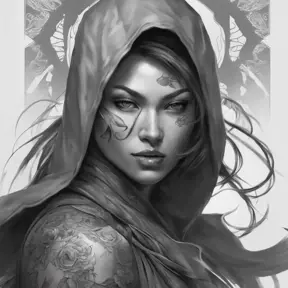 Grayscale matte portrait of a beautiful female ninja with tattoos, 4k, Highly Detailed, Powerful, Alluring, Artstation, Magical, Digital Painting, Photo Realistic, Sharp Focus, Volumetric Lighting, Concept Art by Stanley Artgerm Lau, Alphonse Mucha, Greg Rutkowski