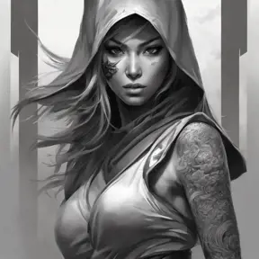 Grayscale matte portrait of a beautiful female ninja with tattoos, 4k, Highly Detailed, Powerful, Alluring, Artstation, Magical, Digital Painting, Photo Realistic, Sharp Focus, Volumetric Lighting, Concept Art by Stanley Artgerm Lau, Alphonse Mucha, Greg Rutkowski