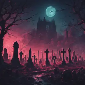 Hyper Detailed illustration of an eerie dystopian graveyard at night, 8k, Gothic and Fantasy, Horror, Epic, Sharp Focus, Deviantart by Alena Aenami, Studio Ghibli