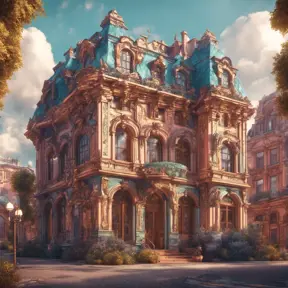 art nuveau exterior fantasy colorful building office space futuristic rococco baroques victorian, 8k, Highly Detailed, Hyper Detailed, Masterpiece, Vintage Illustration, Cinematic Lighting, Photo Realistic, Sharp Focus, Smooth, Octane Render, Digital Art, Vector Art, Soft