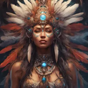 A visionary painting of a single alluring electronic mystical tribal goddess surrounded by feathers and gemstones, 8k, Highly Detailed, Intricate, Artstation, Matte Painting, Sharp Focus, Volumetric Lighting, Concept Art by Stanley Artgerm Lau, Greg Rutkowski