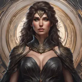 Alluring matte portrait of a beautiful Kassandra wearing black leather, 8k, Highly Detailed, Intricate, Half Body, Realistic, Sharp Focus, Volumetric Lighting, Fantasy, Elegant by Stanley Artgerm Lau, Alphonse Mucha, WLOP, Stefan Kostic