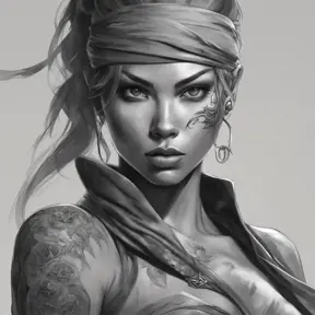 Grayscale matte portrait of a beautiful female ninja with tattoos, 4k, Highly Detailed, Powerful, Alluring, Artstation, Magical, Digital Painting, Photo Realistic, Sharp Focus, Volumetric Lighting, Concept Art by Stanley Artgerm Lau, Alphonse Mucha, Greg Rutkowski