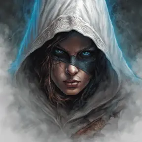 White hooded female assassin emerging from the fog of war, Highly Detailed, Vibrant Colors, Ink Art, Fantasy, Dark by Alex Horley