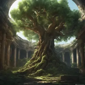 A Tree Of Life growing in the middle of overgrown ancient ruins indoors., 4k resolution, Hyper Detailed, Trending on Artstation, Volumetric Lighting, Concept Art, Digital Art, Fantasy, Dark by Greg Rutkowski