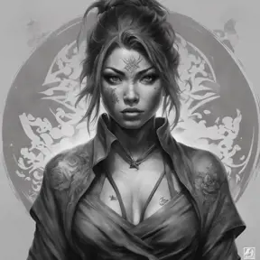 Grayscale matte portrait of a beautiful female ninja with tattoos, 4k, Highly Detailed, Powerful, Alluring, Artstation, Magical, Digital Painting, Photo Realistic, Sharp Focus, Volumetric Lighting, Concept Art by Stanley Artgerm Lau, Alphonse Mucha, Greg Rutkowski