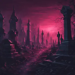 Hyper Detailed illustration of an eerie dystopian graveyard at night, 8k, Gothic and Fantasy, Horror, Epic, Sharp Focus, Deviantart by Alena Aenami, Studio Ghibli