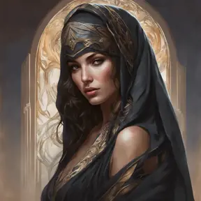 Alluring matte portrait of a beautiful veiled Kassandra wearing a black veil, 8k, Highly Detailed, Intricate, Half Body, Realistic, Sharp Focus, Volumetric Lighting, Fantasy, Elegant by Stanley Artgerm Lau, Alphonse Mucha, WLOP