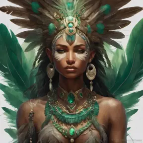 Visionary painting of an alluring mystical tribal goddess surrounded by feathers and emerald gemstones, 8k, Highly Detailed, Intricate, Artstation, Matte Painting, Sharp Focus, Volumetric Lighting, Concept Art by Stanley Artgerm Lau, Greg Rutkowski