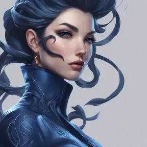 Alluring matte portrait of a beautiful Vayne in dark blue, 8k, Highly Detailed, Intricate, Half Body, Realistic, Sharp Focus, Volumetric Lighting, Fantasy, Elegant by Stanley Artgerm Lau, Alphonse Mucha, WLOP, Stefan Kostic