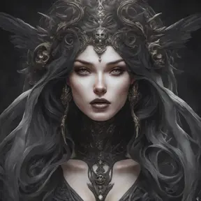 Alluring matte portrait of the beautiful goddess of death Ker in black, 8k, Highly Detailed, Intricate, Realistic, Sharp Focus, Volumetric Lighting, Fantasy, Elegant by Stanley Artgerm Lau, Alphonse Mucha, WLOP