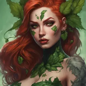 Closeup matte portrait of a tattooed Poison Ivy, symmetrical face, 8k, Highly Detailed, Intricate, Artstation, Matte Painting, Sharp Focus, Concept Art by Stanley Artgerm Lau, Greg Rutkowski