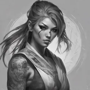 Grayscale matte portrait of a beautiful female ninja with tattoos, 4k, Highly Detailed, Powerful, Alluring, Artstation, Magical, Digital Painting, Photo Realistic, Sharp Focus, Volumetric Lighting, Concept Art by Stanley Artgerm Lau, Alphonse Mucha, Greg Rutkowski