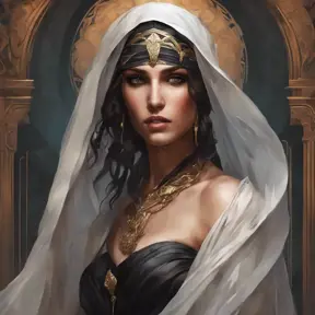 Alluring matte portrait of a beautiful veiled Kassandra wearing a black veil, 8k, Highly Detailed, Intricate, Half Body, Realistic, Sharp Focus, Volumetric Lighting, Fantasy, Elegant by Stanley Artgerm Lau, Alphonse Mucha, WLOP