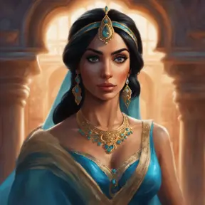 Alluring matte portrait of Princess Jasmine in the style of Stefan Kostic, 4k, 4k resolution, 8k, HD, High Definition, High Resolution, Highly Detailed, HQ, Hyper Detailed, Intricate Artwork, Ultra Detailed, Digital Painting, Matte Painting, Realistic, Sharp Focus, Dim light, Fantasy