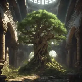 A Tree Of Life growing in the middle of overgrown ancient ruins indoors., 4k resolution, Hyper Detailed, Trending on Artstation, Volumetric Lighting, Concept Art, Digital Art, Fantasy, Dark by Greg Rutkowski