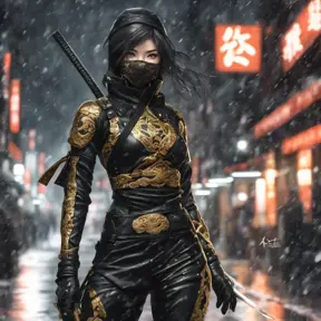 Mysterious beautiful armed kunoichi ninja wearing black leather and gold in the streets of dark snowy tokyo, 8k, Intricate Details, Trending on Artstation, Beautiful, Stunning, Centered by Stanley Artgerm Lau, WLOP