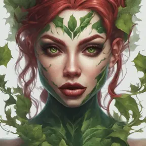 Closeup matte portrait of a tattooed Poison Ivy, symmetrical face, 8k, Highly Detailed, Intricate, Artstation, Matte Painting, Sharp Focus, Concept Art by Stanley Artgerm Lau, Greg Rutkowski