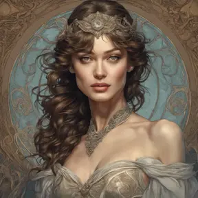 Alluring matte portrait of a beautiful Olga Kurylenko, 8k, Highly Detailed, Intricate, Half Body, Realistic, Sharp Focus, Volumetric Lighting, Fantasy, Elegant by Alphonse Mucha