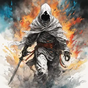 White Assassin emerging from a firey fog of battle, ink splash, Highly Detailed, Vibrant Colors, Ink Art, Fantasy, Dark by Studio Ghibli