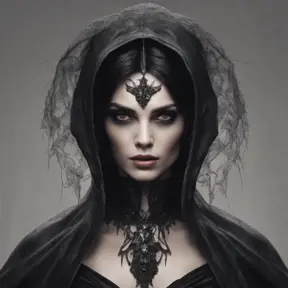 Alluring portrait of a beautiful raven black-haired veiled & caped vampire with sharp features and piercing eyes in the style of Stefan Kostic, 8k, High Definition, Highly Detailed, Intricate, Half Body, Realistic, Sharp Focus, Fantasy, Elegant