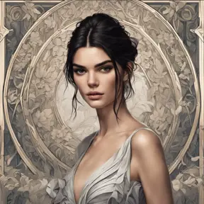 Alluring matte portrait of a beautiful Kendall Jenner, 8k, Highly Detailed, Intricate, Half Body, Realistic, Sharp Focus, Volumetric Lighting, Fantasy, Elegant by Alphonse Mucha