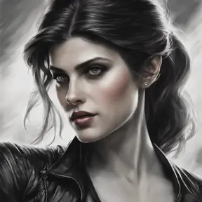 Alluring matte portrait of a fierce beautiful Alexandra Daddario in black, 8k, Highly Detailed, Intricate, Half Body, Realistic, Sharp Focus, Volumetric Lighting, Fantasy, Elegant by Stanley Artgerm Lau, WLOP, Stefan Kostic