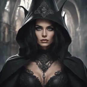 Alluring portrait of a beautiful gothic black haired caped witch in the style of Stefan Kostic, 8k, High Definition, Highly Detailed, Intricate, Half Body, Realistic, Sharp Focus, Fantasy, Elegant