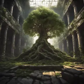 A Tree Of Life growing in the middle of overgrown ancient ruins indoors., 4k resolution, Hyper Detailed, Trending on Artstation, Volumetric Lighting, Concept Art, Digital Art, Fantasy, Dark by Greg Rutkowski