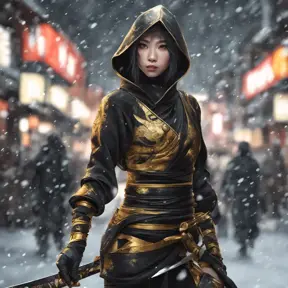 Mysterious beautiful armed kunoichi ninja wearing black and gold in the streets of dark snowy tokyo, 8k, Intricate Details, Trending on Artstation, Beautiful, Stunning, Centered by Stanley Artgerm Lau, WLOP