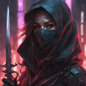 Veiled Assasin with daggers, 8k, Highly Detailed, Intricate, Artstation, Digital Painting, Illustration, Sharp Focus, Smooth, Unreal Engine, Neon, Concept Art by Stanley Artgerm Lau, Greg Rutkowski