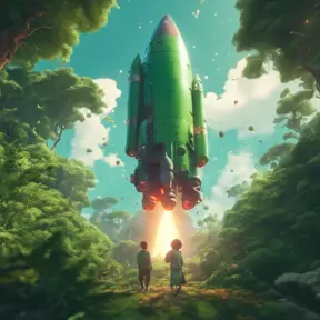 Studio ghibli, rocket explosion, jungle, solar, green technology, optimist future, 8k, Bokeh effect, Cinematic Lighting, Octane Render, Iridescence, Vibrant by Beeple, Asher Brown Durand, Dan Mumford, Greg Rutkowski, WLOP