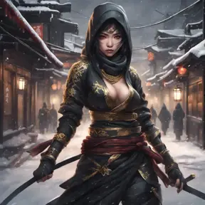 Mysterious beautiful armed kunoichi ninja wearing eyeliner and gold jewelry in the streets of a dark snowy town, 8k, Intricate Details, Trending on Artstation, Beautiful, Stunning, Centered by Stanley Artgerm Lau, WLOP