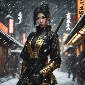 Mysterious beautiful armed kunoichi ninja wearing black leather and gold in the streets of dark snowy tokyo, 8k, Intricate Details, Trending on Artstation, Beautiful, Stunning, Centered by Stanley Artgerm Lau, WLOP