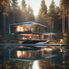 Beautiful futuristic architectural glass house in the forest on a large lake, 8k, Award-Winning, Highly Detailed, Beautiful, Epic, Octane Render, Unreal Engine, Radiant, Volumetric Lighting by Leonid Afremov