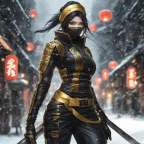 Mysterious beautiful armed kunoichi ninja wearing black and gold in the streets of dark snowy tokyo, 8k, Intricate Details, Trending on Artstation, Beautiful, Stunning, Centered by Stanley Artgerm Lau, WLOP