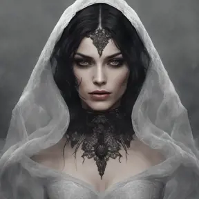 Alluring portrait of a beautiful raven black haired veiled vampire in the style of Stefan Kostic, 8k, High Definition, Highly Detailed, Intricate, Half Body, Realistic, Sharp Focus, Fantasy, Elegant