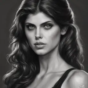 Alluring matte portrait of a fierce beautiful Alexandra Daddario in black, 8k, Highly Detailed, Intricate, Half Body, Realistic, Sharp Focus, Volumetric Lighting, Fantasy, Elegant by Stanley Artgerm Lau, WLOP, Stefan Kostic