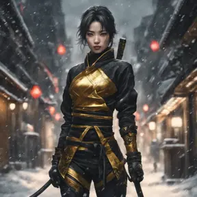 Mysterious beautiful armed kunoichi ninja wearing black and gold in the streets of dark snowy tokyo, 8k, Intricate Details, Trending on Artstation, Beautiful, Stunning, Centered by Stanley Artgerm Lau, WLOP