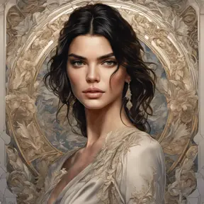 Alluring matte portrait of a beautiful Kendall Jenner, 8k, Highly Detailed, Intricate, Half Body, Realistic, Sharp Focus, Volumetric Lighting, Fantasy, Elegant by Alphonse Mucha