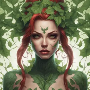 Closeup matte portrait of a tattooed Poison Ivy, symmetrical face, 8k, Highly Detailed, Intricate, Artstation, Matte Painting, Sharp Focus, Concept Art by Stanley Artgerm Lau, Greg Rutkowski