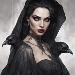 Alluring portrait of a beautiful raven black-haired veiled & caped vampire with sharp features and piercing eyes in the style of Stefan Kostic, 8k, High Definition, Highly Detailed, Intricate, Half Body, Realistic, Sharp Focus, Fantasy, Elegant