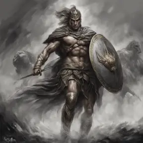 Achilles emerging from the fog of battle, Highly Detailed, Color Splash, Ink Art, Fantasy, Dark by Stanley Artgerm Lau